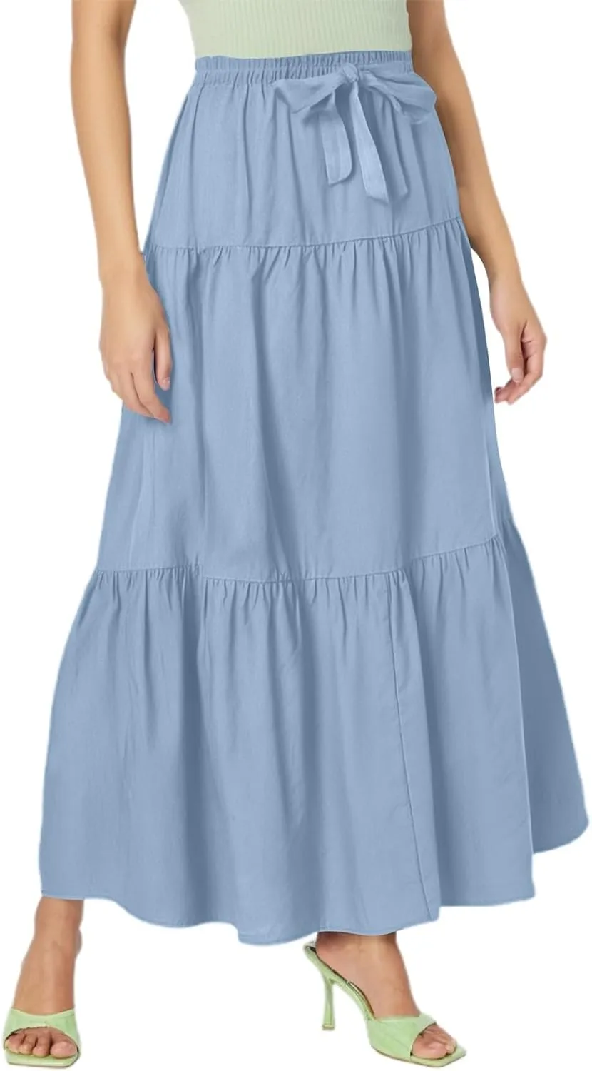 Womens A-Line Pleated Maxi Skirt Solid Drawstring Elastic High Waist Flowy Sexy Tiered Ruffle Summer Long Skirts