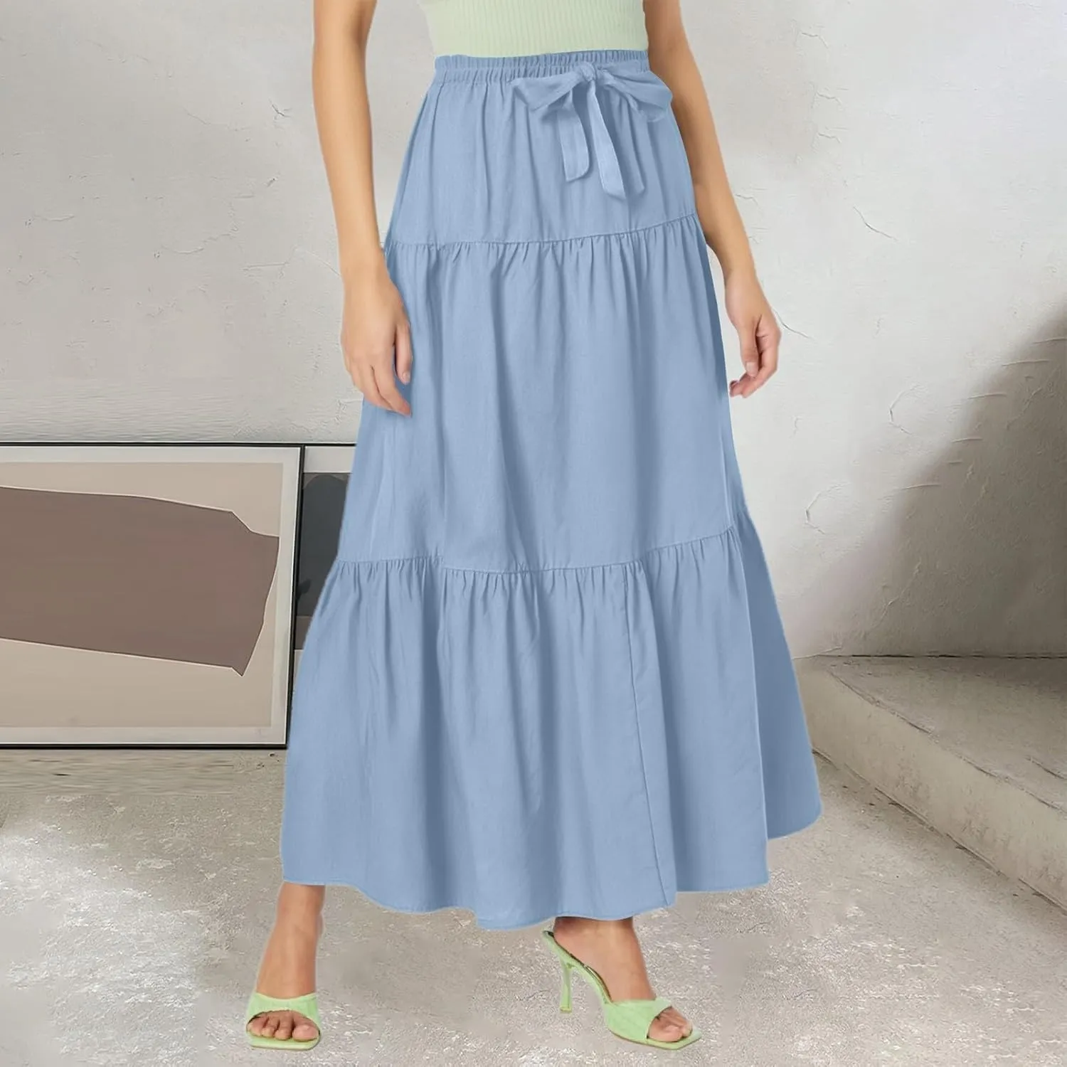 Womens A-Line Pleated Maxi Skirt Solid Drawstring Elastic High Waist Flowy Sexy Tiered Ruffle Summer Long Skirts