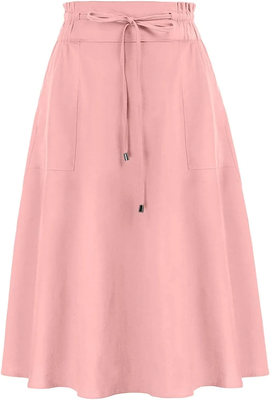 Women's Boho Elastic High Waist A Line Ruffle Swing Beach Maxi Skirt with Pockets Casual Drawstring Long Skirt (Pink, M)
