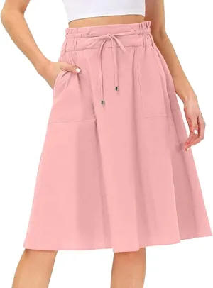 Women's Boho Elastic High Waist A Line Ruffle Swing Beach Maxi Skirt with Pockets Casual Drawstring Long Skirt (Pink, M)