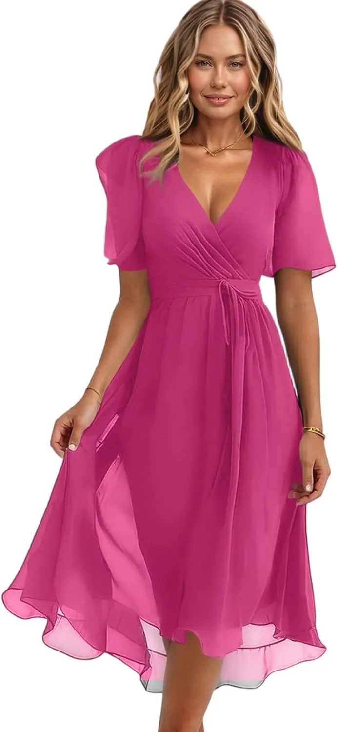 Womens Boho Floral Printed Chiffon Dresses 2025 Elegant V Neck Summer Wedding Prom Cocktail Midi Dresses