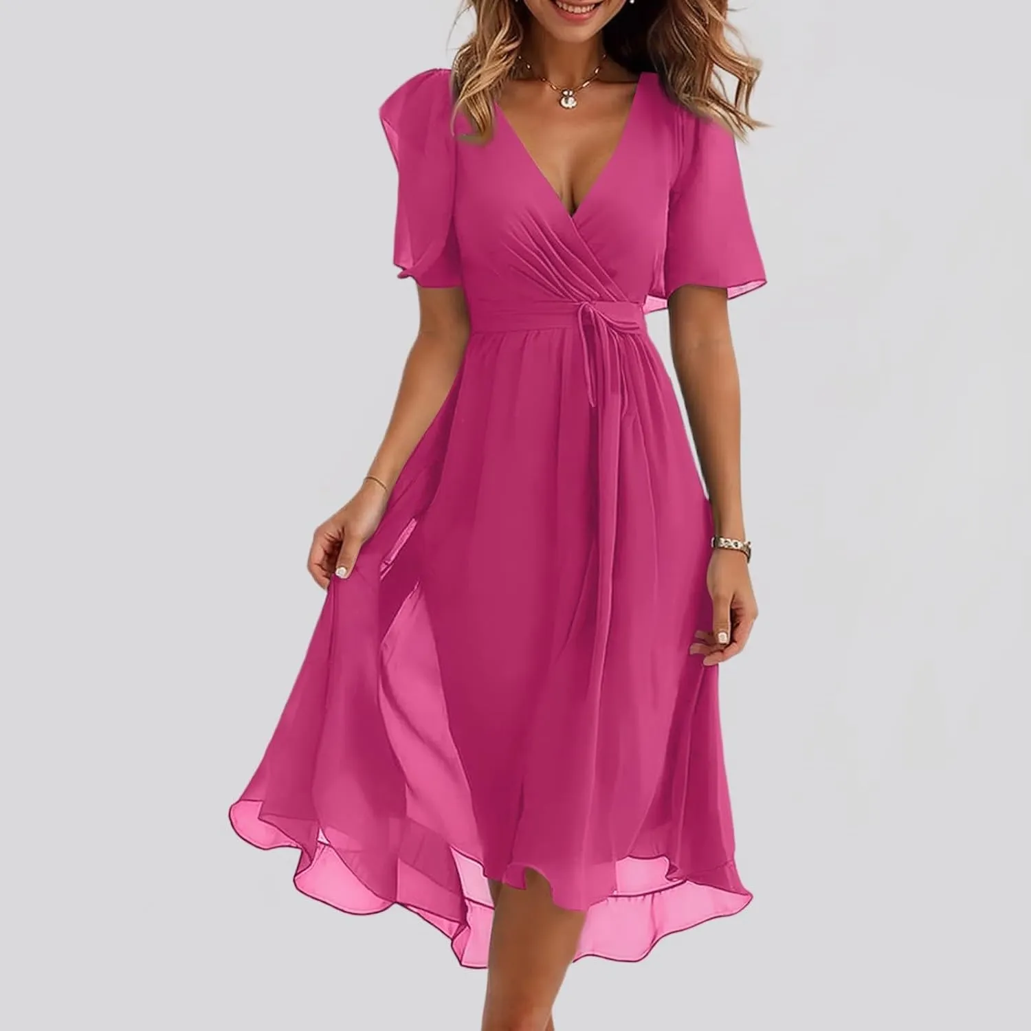 Womens Boho Floral Printed Chiffon Dresses 2025 Elegant V Neck Summer Wedding Prom Cocktail Midi Dresses