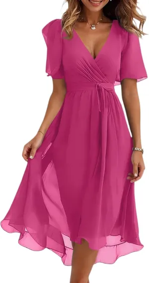 Womens Boho Floral Printed Chiffon Dresses 2025 Elegant V Neck Summer Wedding Prom Cocktail Midi Dresses
