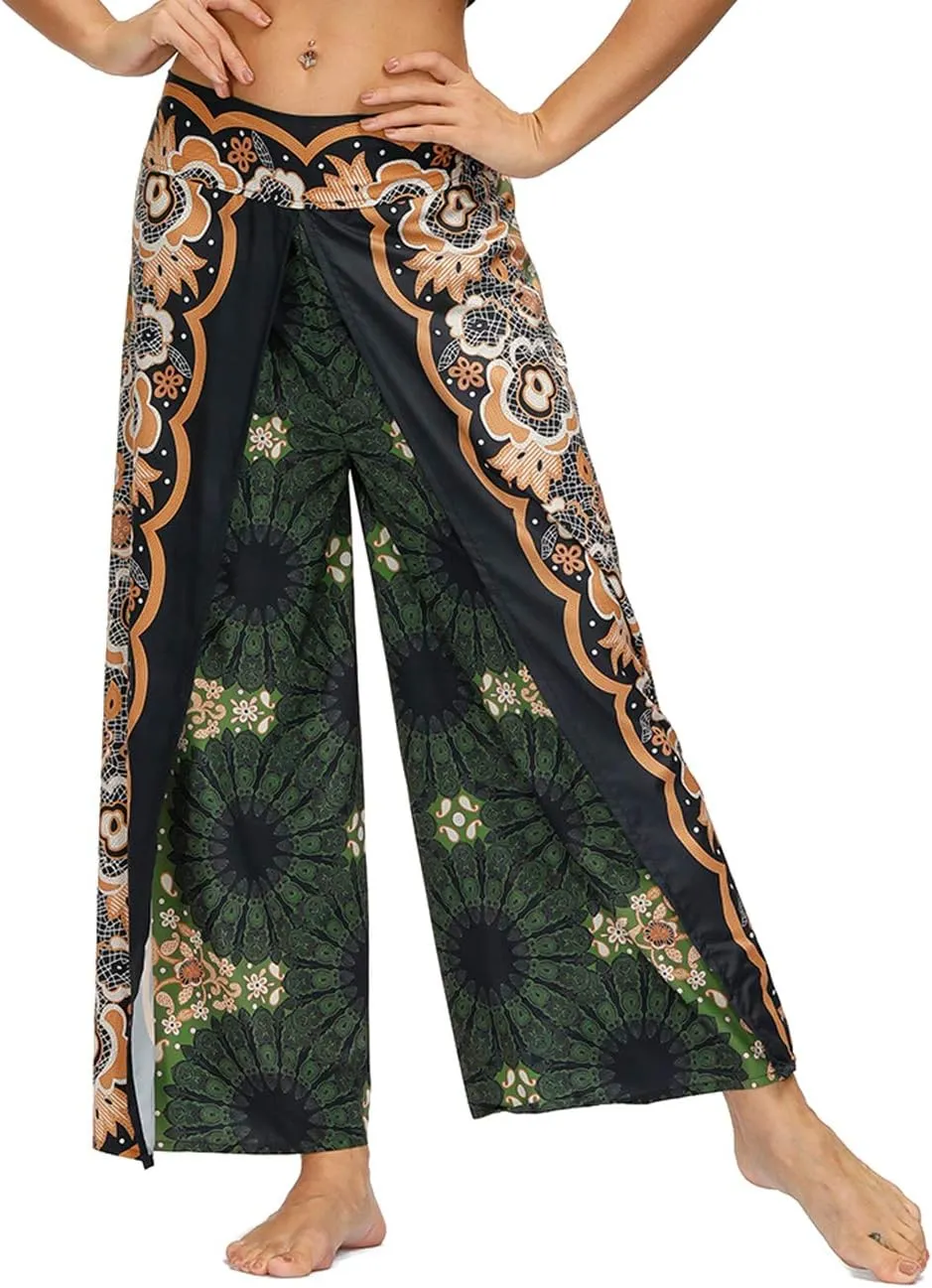 Women's Boho Palazzo Slit Wide Leg Yoga Pants Summer Beach Bohemian Hippie Pants