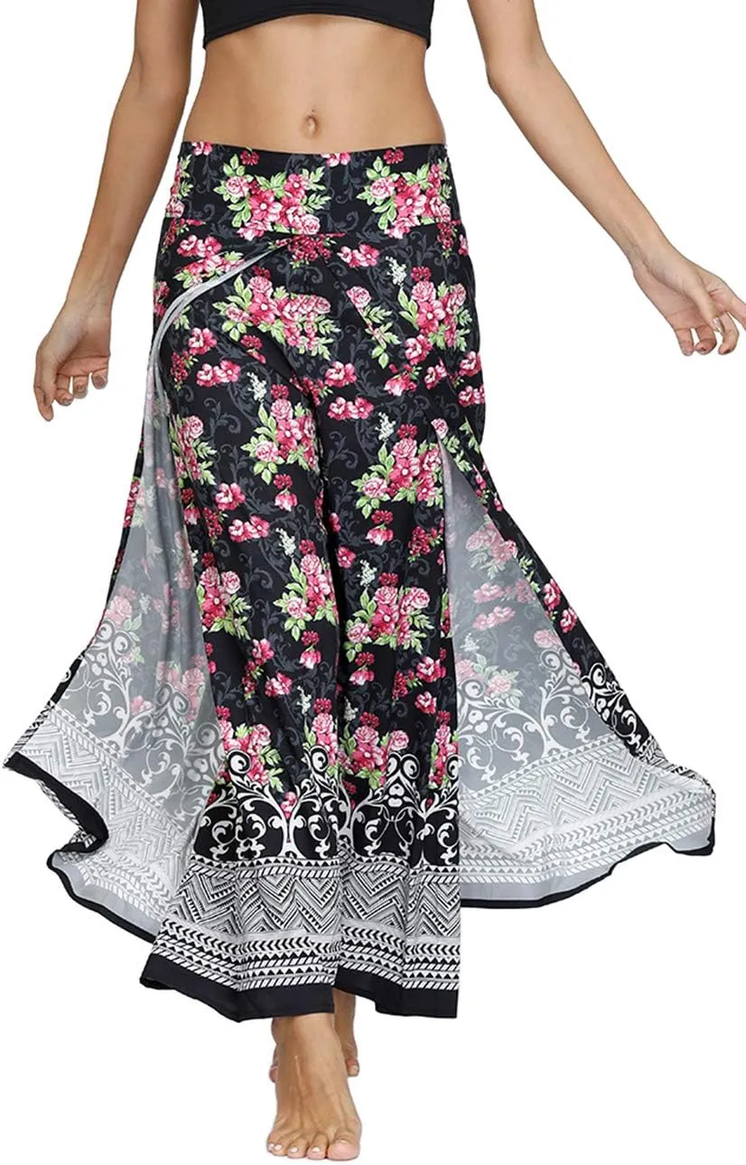 Women's Boho Palazzo Slit Wide Leg Yoga Pants Summer Beach Bohemian Hippie Pants