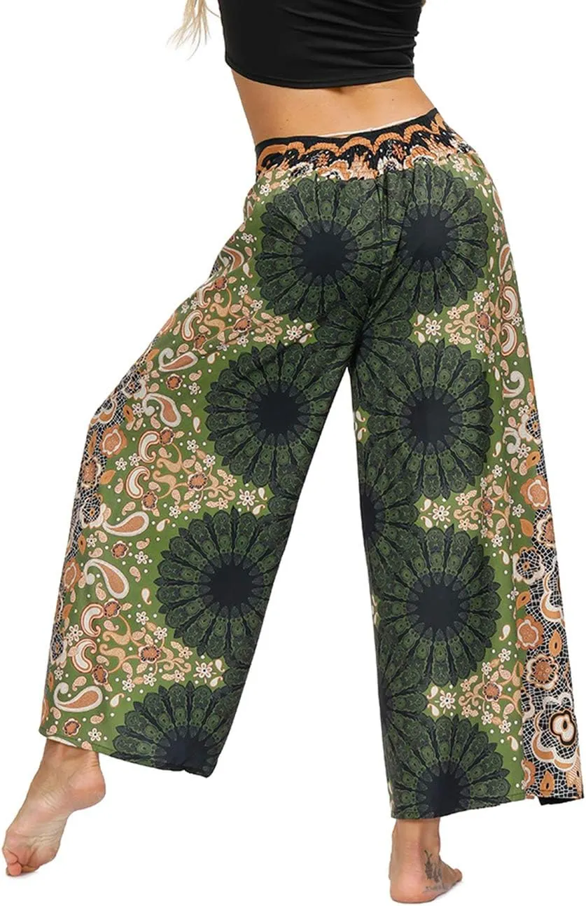Women's Boho Palazzo Slit Wide Leg Yoga Pants Summer Beach Bohemian Hippie Pants