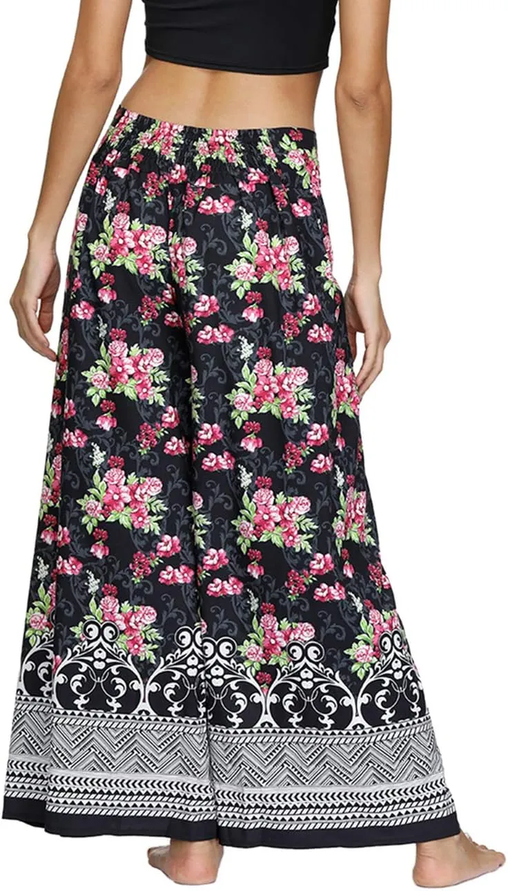Women's Boho Palazzo Slit Wide Leg Yoga Pants Summer Beach Bohemian Hippie Pants