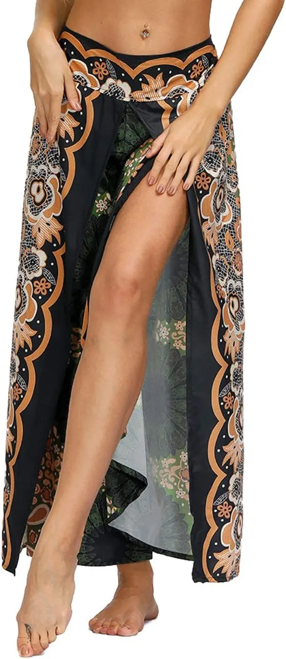 Women's Boho Palazzo Slit Wide Leg Yoga Pants Summer Beach Bohemian Hippie Pants