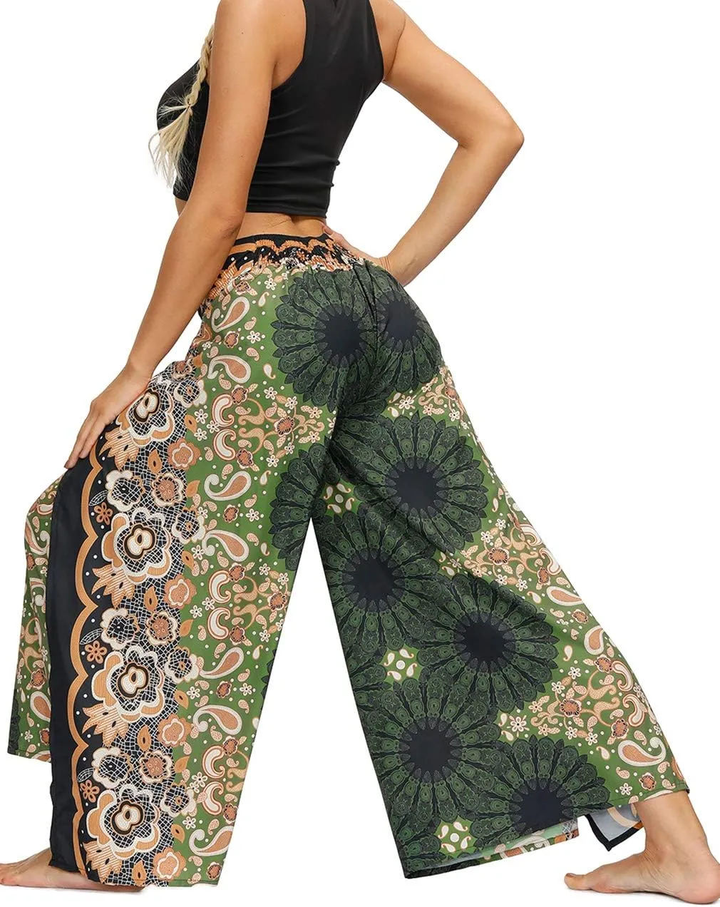 Women's Boho Palazzo Slit Wide Leg Yoga Pants Summer Beach Bohemian Hippie Pants