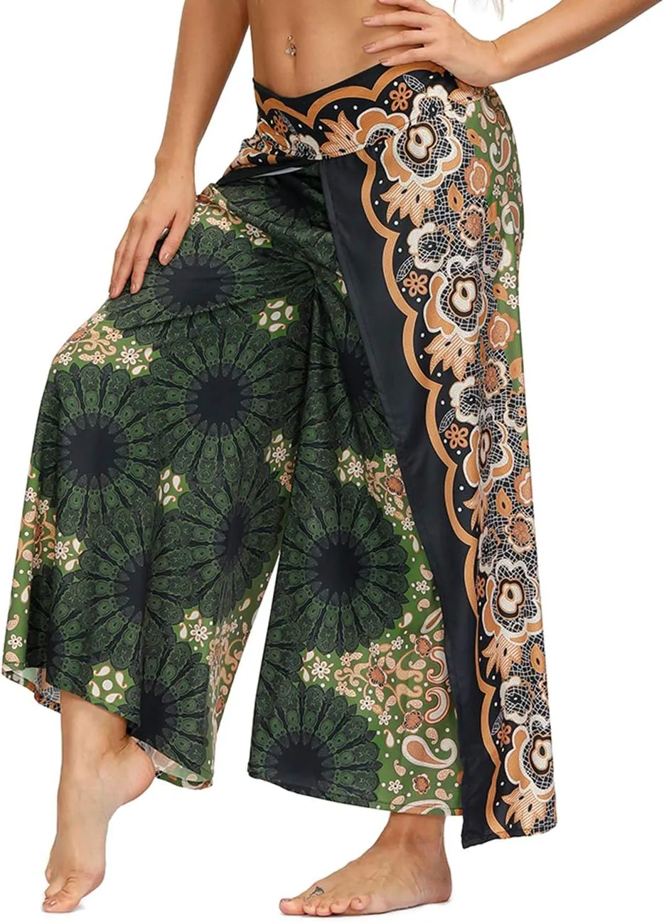 Women's Boho Palazzo Slit Wide Leg Yoga Pants Summer Beach Bohemian Hippie Pants