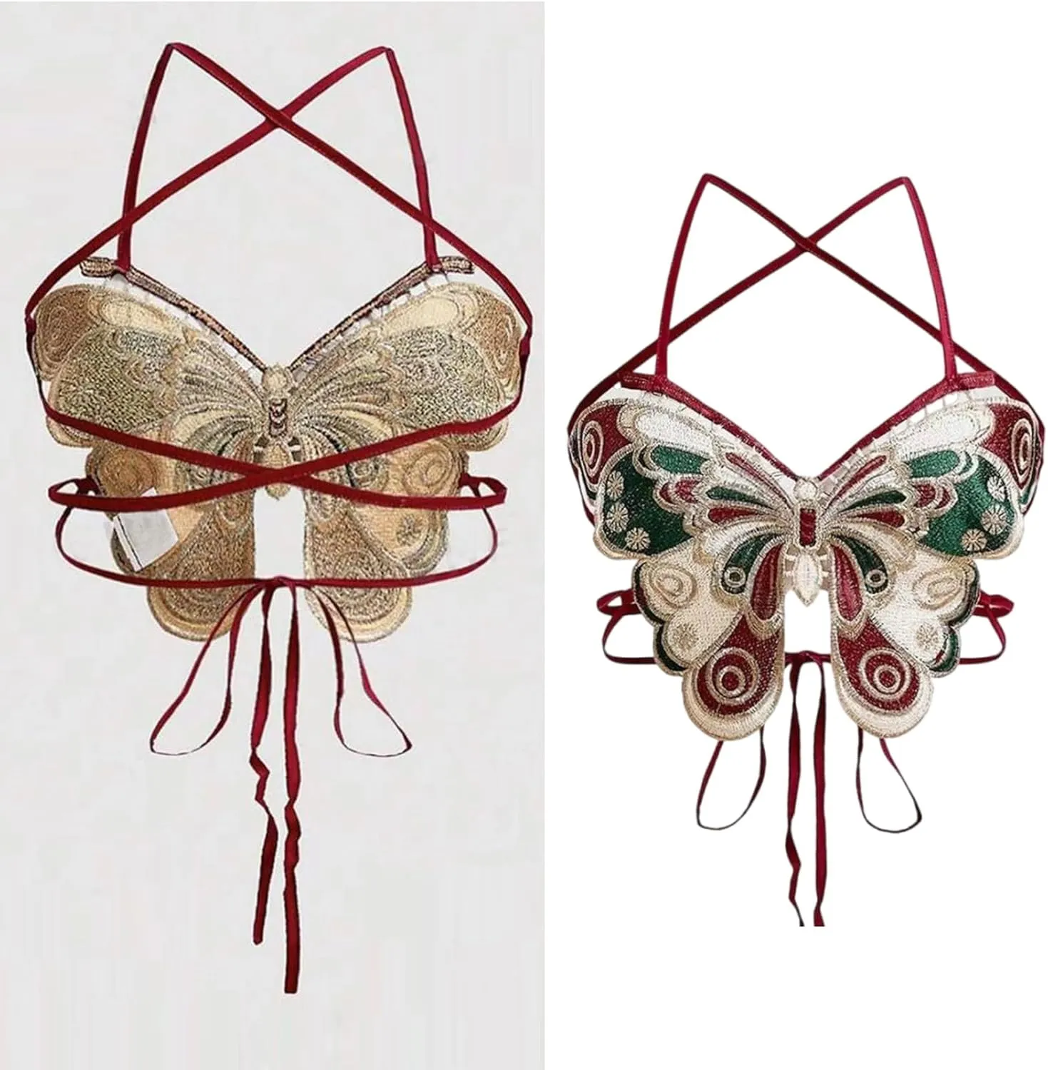 Womens Butterfly Embroidery Halterneck Backless Crop Top Tie Back Fitted Sleeveless Camisole Bralettes