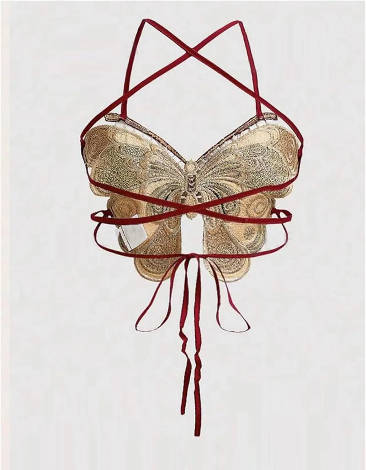 Womens Butterfly Embroidery Halterneck Backless Crop Top Tie Back Fitted Sleeveless Camisole Bralettes