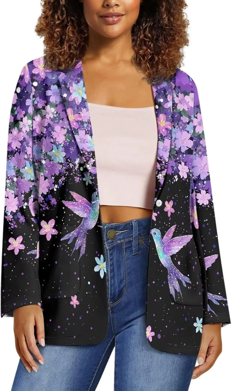 Women's Casual Blazers Long Sleeve Button Lapel Blazer Jackets with Pocket Open Front Cardigan