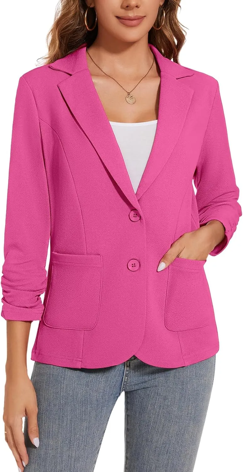 Women's Casual Button Front Blazer Jackets Ruched 3/4 Sleeve Lapel Office Work Lightweight Blazers with Pockets