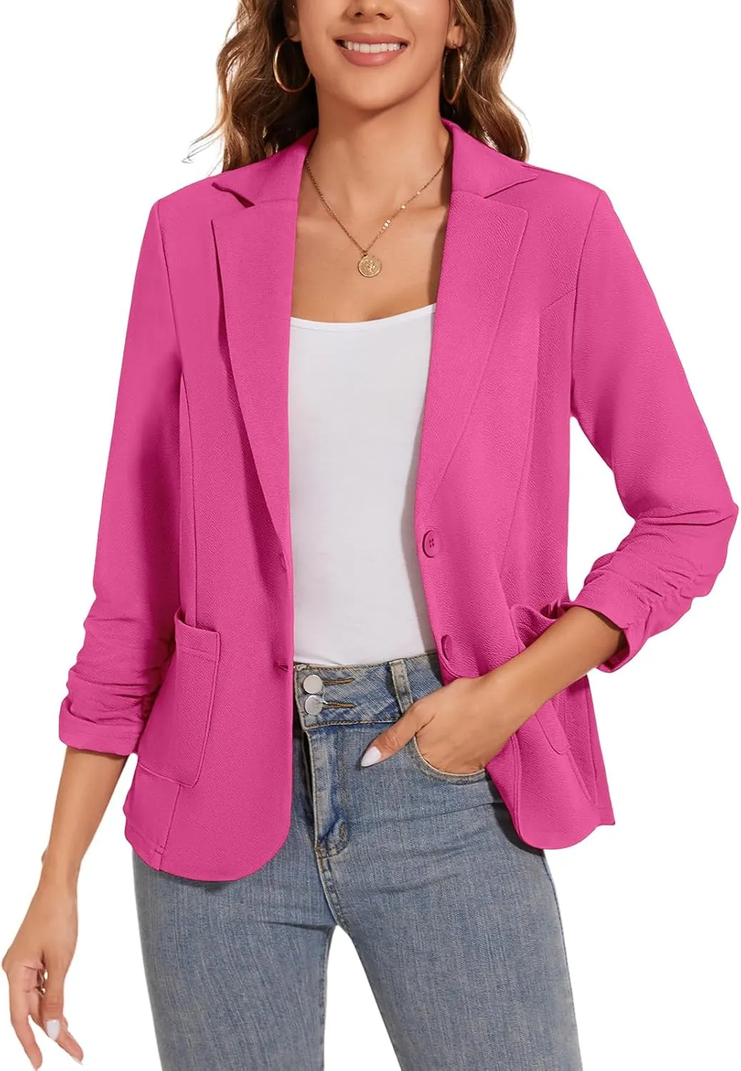 Women's Casual Button Front Blazer Jackets Ruched 3/4 Sleeve Lapel Office Work Lightweight Blazers with Pockets