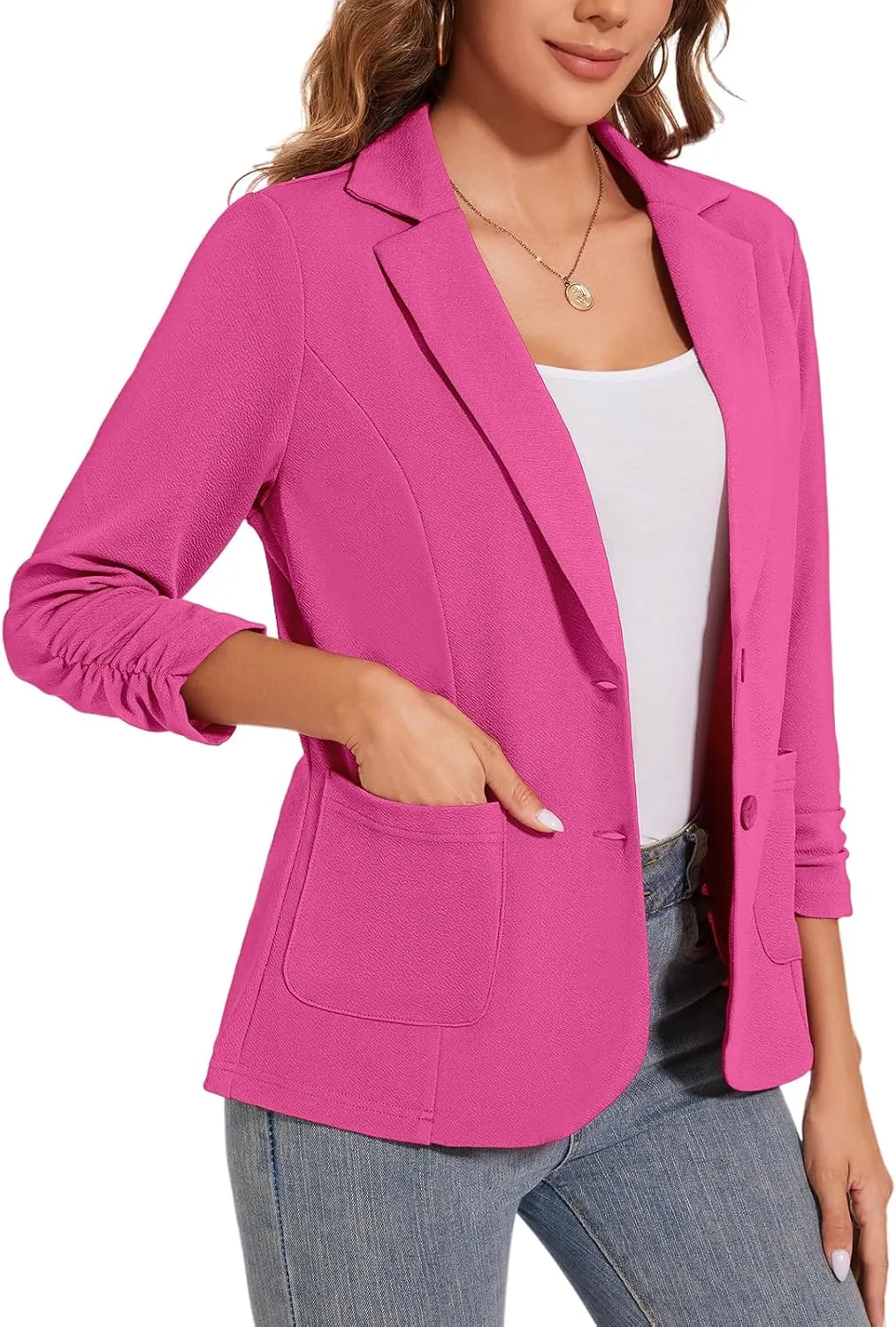 Women's Casual Button Front Blazer Jackets Ruched 3/4 Sleeve Lapel Office Work Lightweight Blazers with Pockets