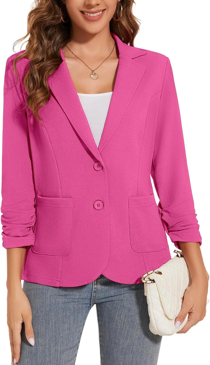 Women's Casual Button Front Blazer Jackets Ruched 3/4 Sleeve Lapel Office Work Lightweight Blazers with Pockets