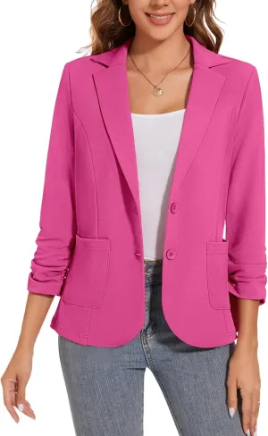 Women's Casual Button Front Blazer Jackets Ruched 3/4 Sleeve Lapel Office Work Lightweight Blazers with Pockets