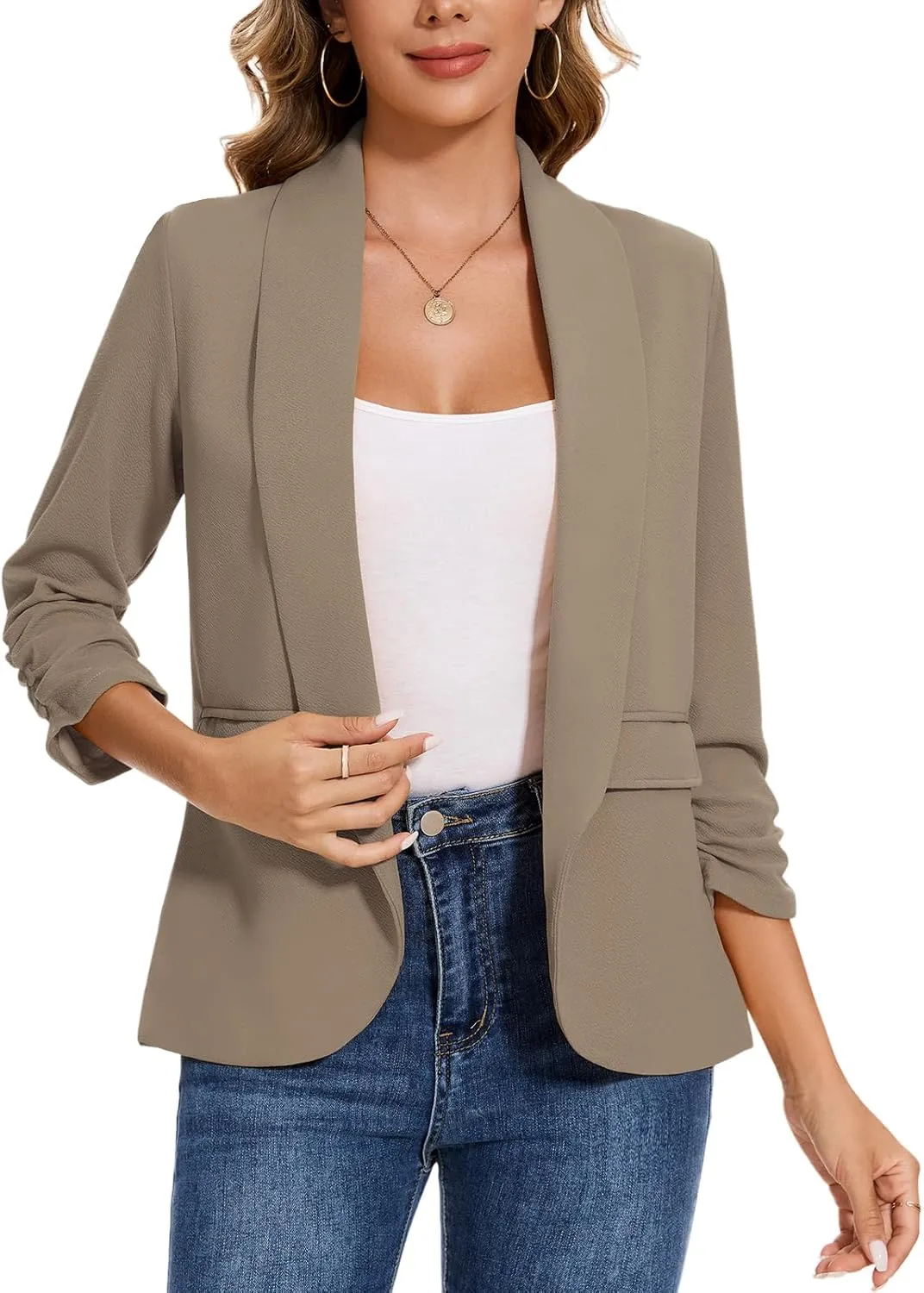 Women's Casual Open Front Blazers Shawl Lapel Ruched 3/4 Sleeve Office Lightweight Blazer Jackets with Pockets