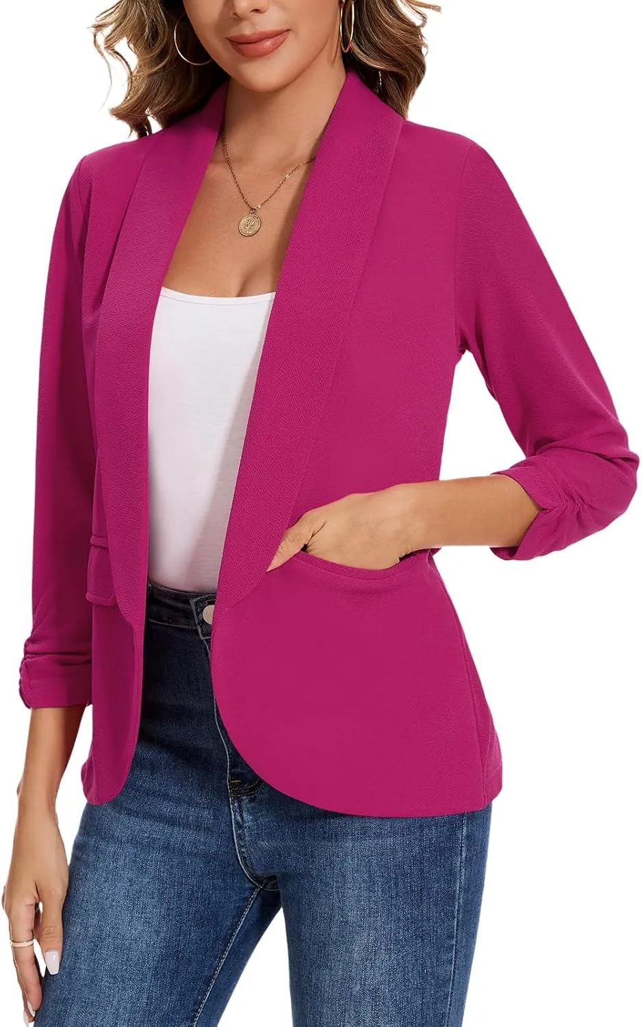 Women's Casual Open Front Blazers Shawl Lapel Ruched 3/4 Sleeve Office Lightweight Blazer Jackets with Pockets