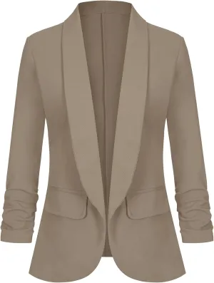 Women's Casual Open Front Blazers Shawl Lapel Ruched 3/4 Sleeve Office Lightweight Blazer Jackets with Pockets