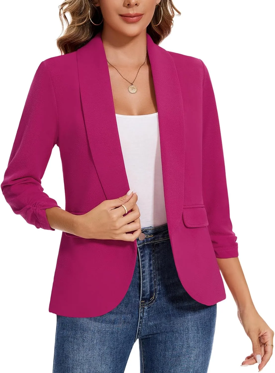 Women's Casual Open Front Blazers Shawl Lapel Ruched 3/4 Sleeve Office Lightweight Blazer Jackets with Pockets