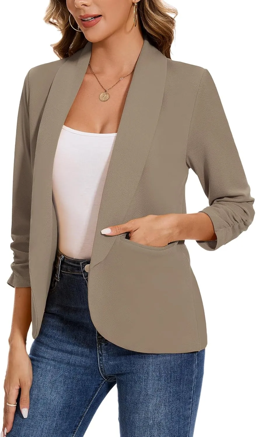 Women's Casual Open Front Blazers Shawl Lapel Ruched 3/4 Sleeve Office Lightweight Blazer Jackets with Pockets