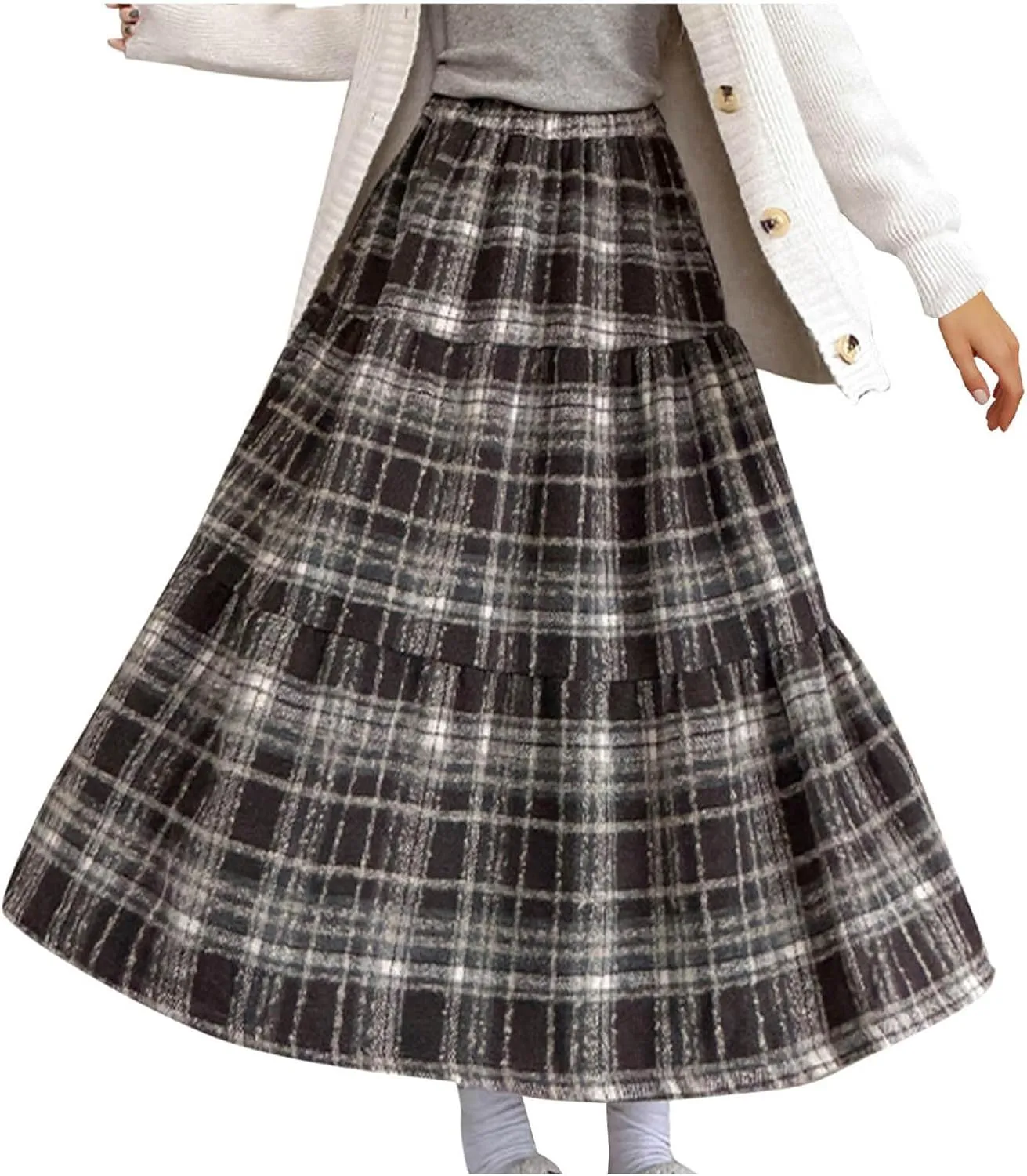 Womens Checkered Long Skirts Stretch High Waist A-Line Swing Skirt Comfy Wool Blend Ankle Length Midi Skirt