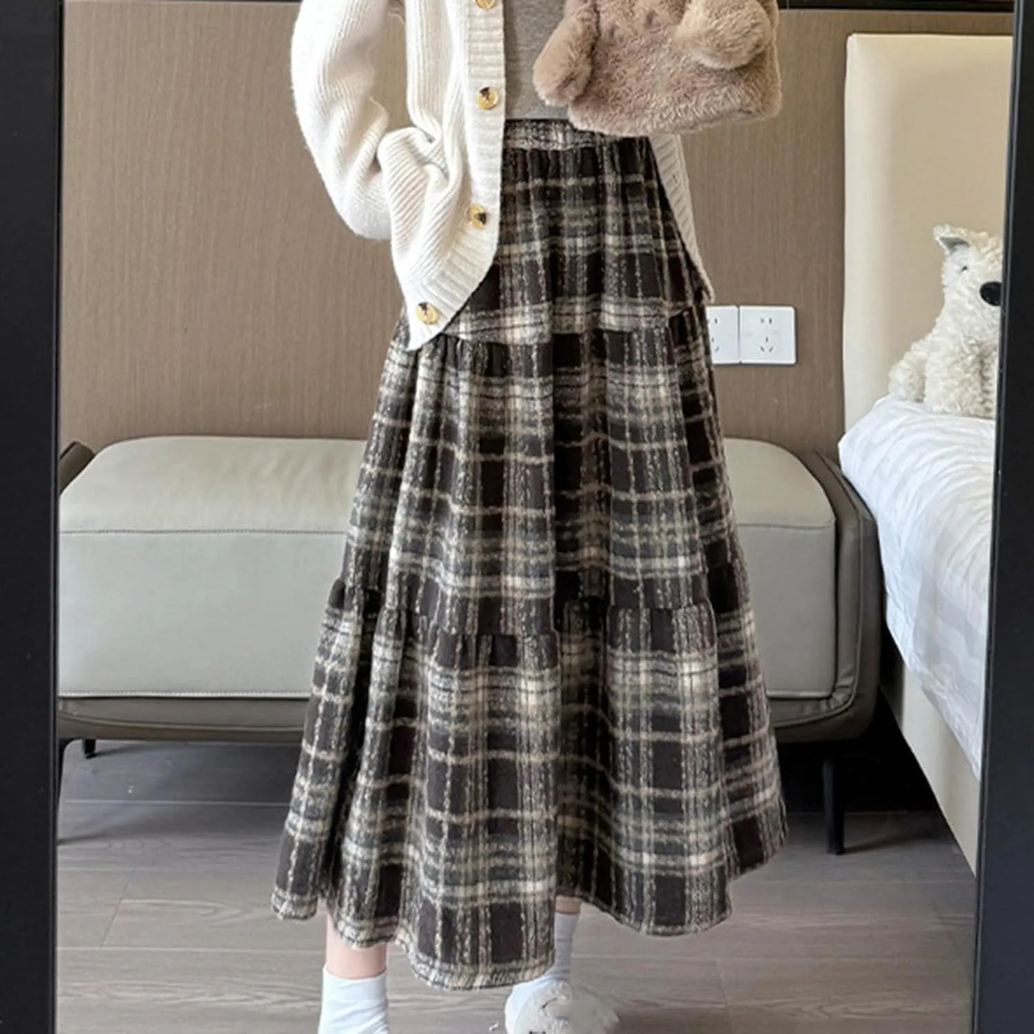 Womens Checkered Long Skirts Stretch High Waist A-Line Swing Skirt Comfy Wool Blend Ankle Length Midi Skirt
