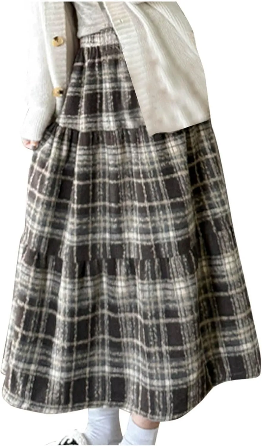 Womens Checkered Long Skirts Stretch High Waist A-Line Swing Skirt Comfy Wool Blend Ankle Length Midi Skirt