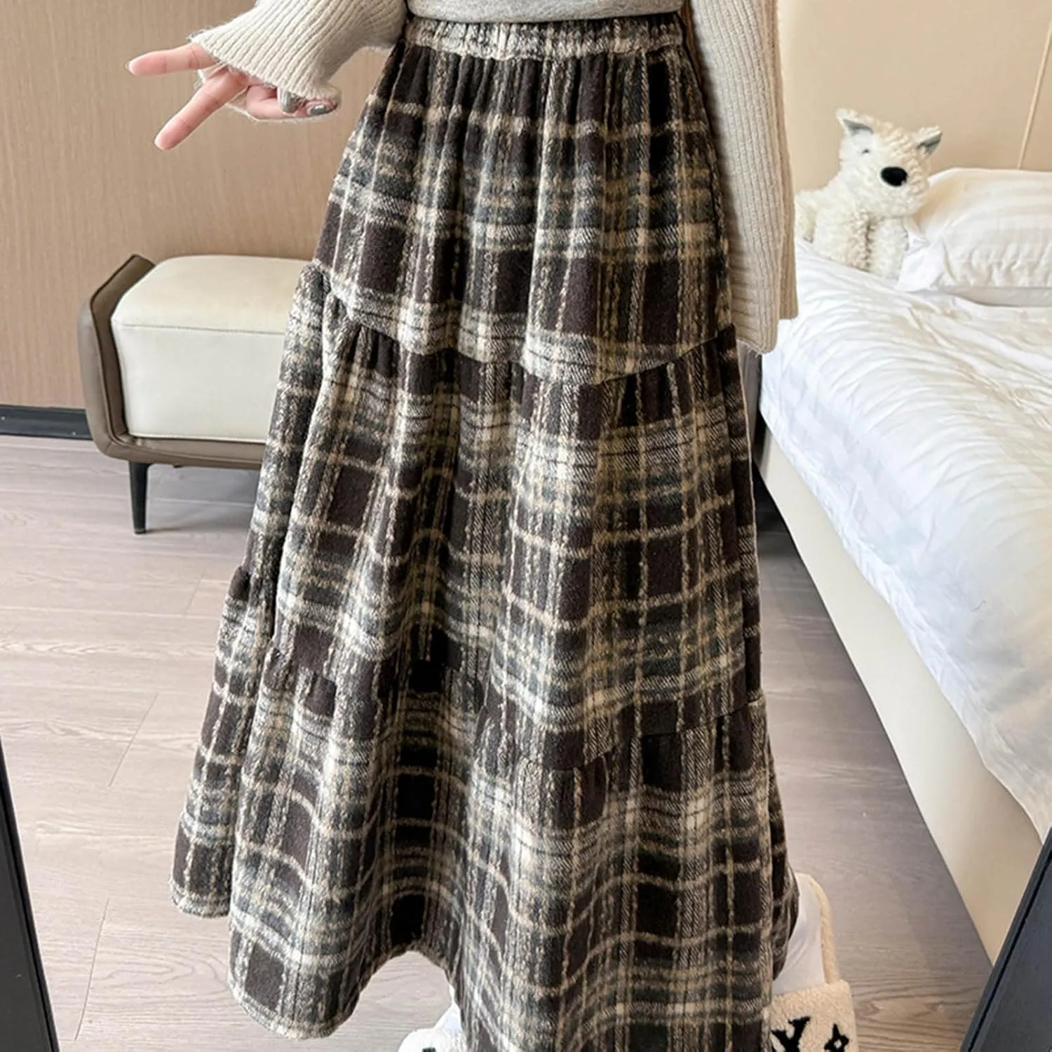 Womens Checkered Long Skirts Stretch High Waist A-Line Swing Skirt Comfy Wool Blend Ankle Length Midi Skirt