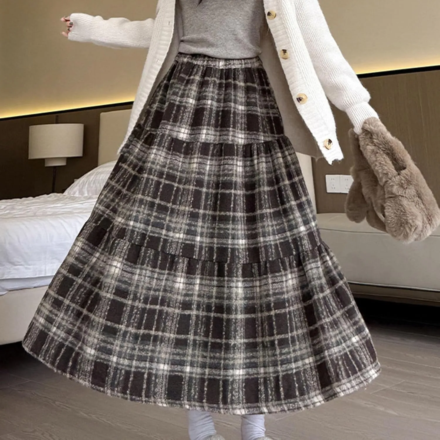 Womens Checkered Long Skirts Stretch High Waist A-Line Swing Skirt Comfy Wool Blend Ankle Length Midi Skirt
