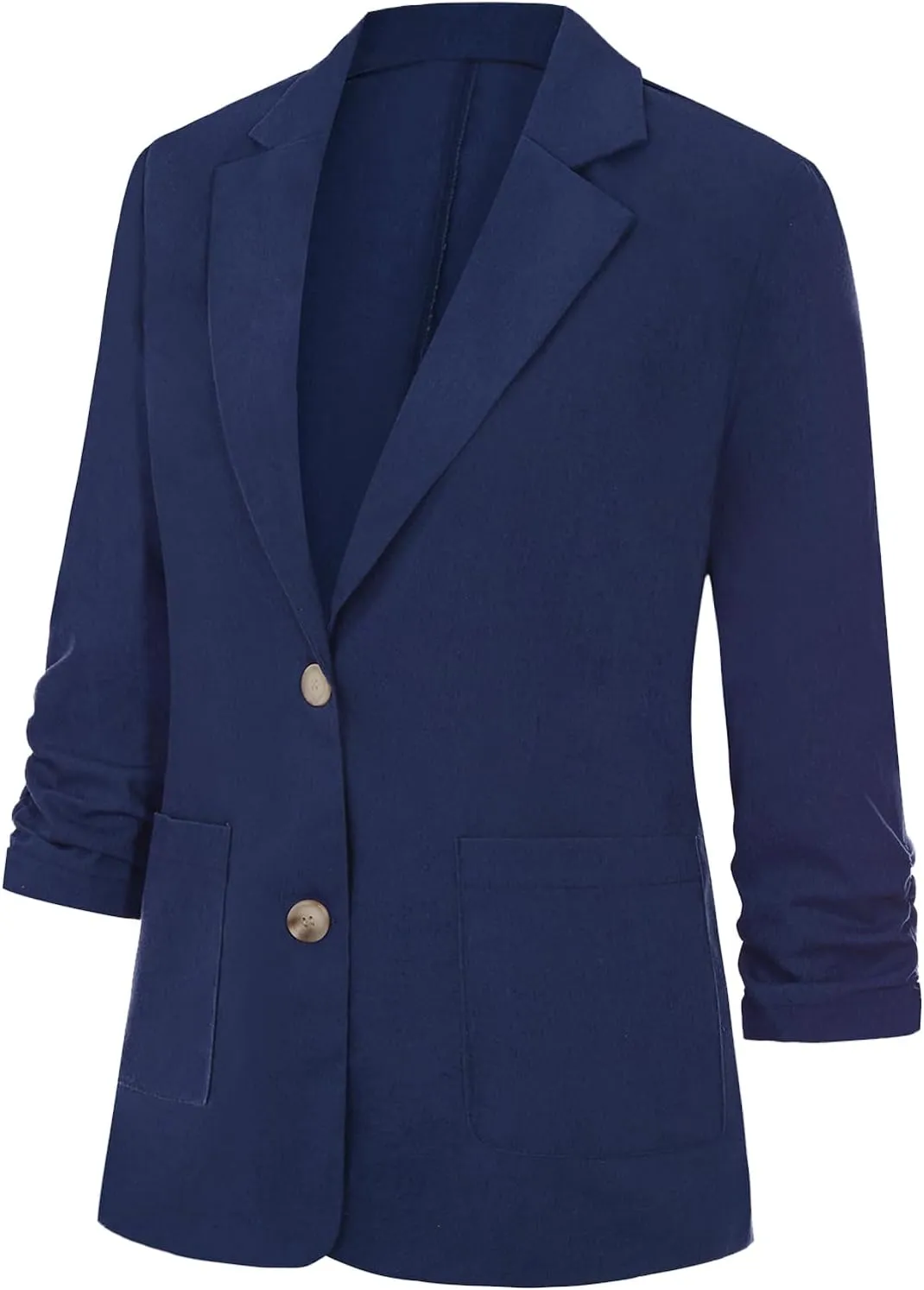 Womens Cotton Linen Blazer 3/4 Ruched Sleeve Lightweight Spring Summer Lapel Button Casual Blazers with Pockets