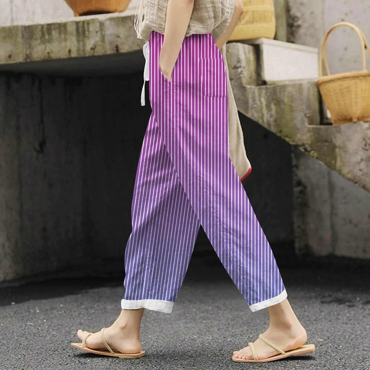 Womens Cotton Linen Summer Y2K Fashion Palazzo Pants Elastic Waist Bootcut Slim Fit Palazzo Lounge Pants Travel