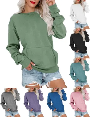 Womens Crewneck Sweatshirt Fleece Long Sleeve Cute Sweatshirts No Hooded Y2k Plain Trendy Hoodies with Pockets