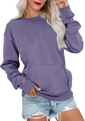 Womens Crewneck Sweatshirt Fleece Long Sleeve Cute Sweatshirts No Hooded Y2k Plain Trendy Hoodies with Pockets