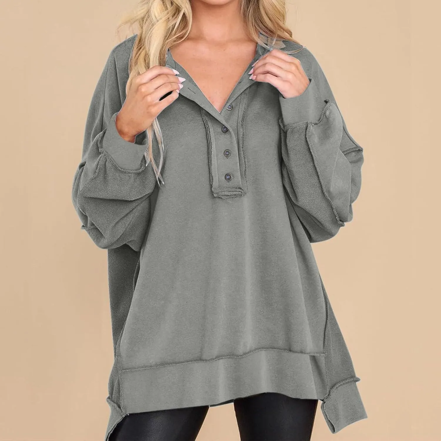 Womens Cute Oversized Sweatshirts Trendy 2024 Fall Sweatshirt Button Henley Neck Pullover Tops Casual Clothing