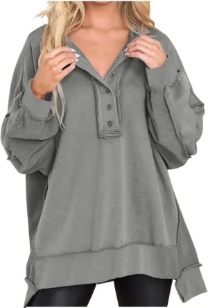 Womens Cute Oversized Sweatshirts Trendy 2024 Fall Sweatshirt Button Henley Neck Pullover Tops Casual Clothing
