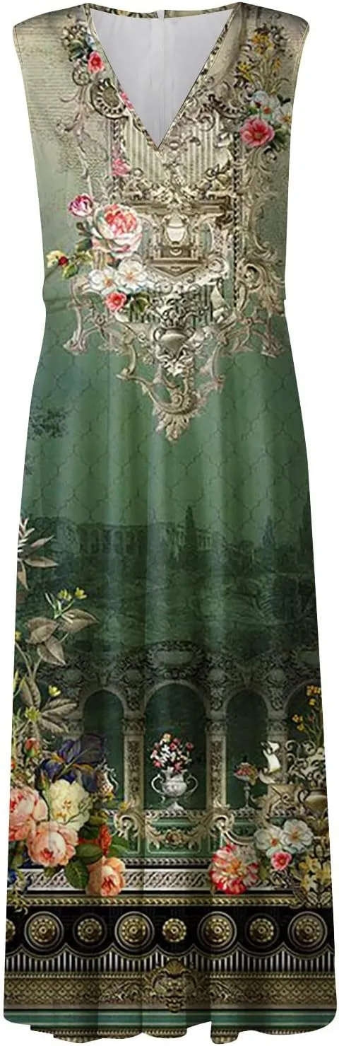 Womens Dresses Flowy Ruched Floral Print Sundresses Wrap V Neck Sleeveless Maxi Dress Elegant Beach Dresses