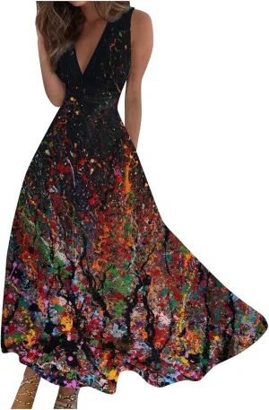 Womens Dresses Wrap V Neck Flowy Ruched Beach Dresses Sleeveless Floral Print Sundresses Elegant Maxi Dress