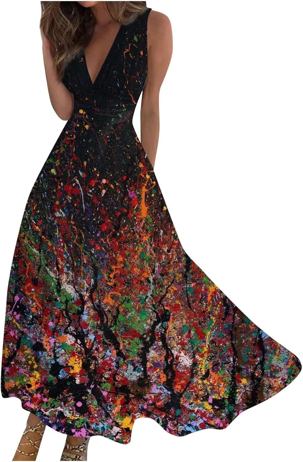 Womens Dresses Wrap V Neck Flowy Ruched Beach Dresses Sleeveless Floral Print Sundresses Elegant Maxi Dress