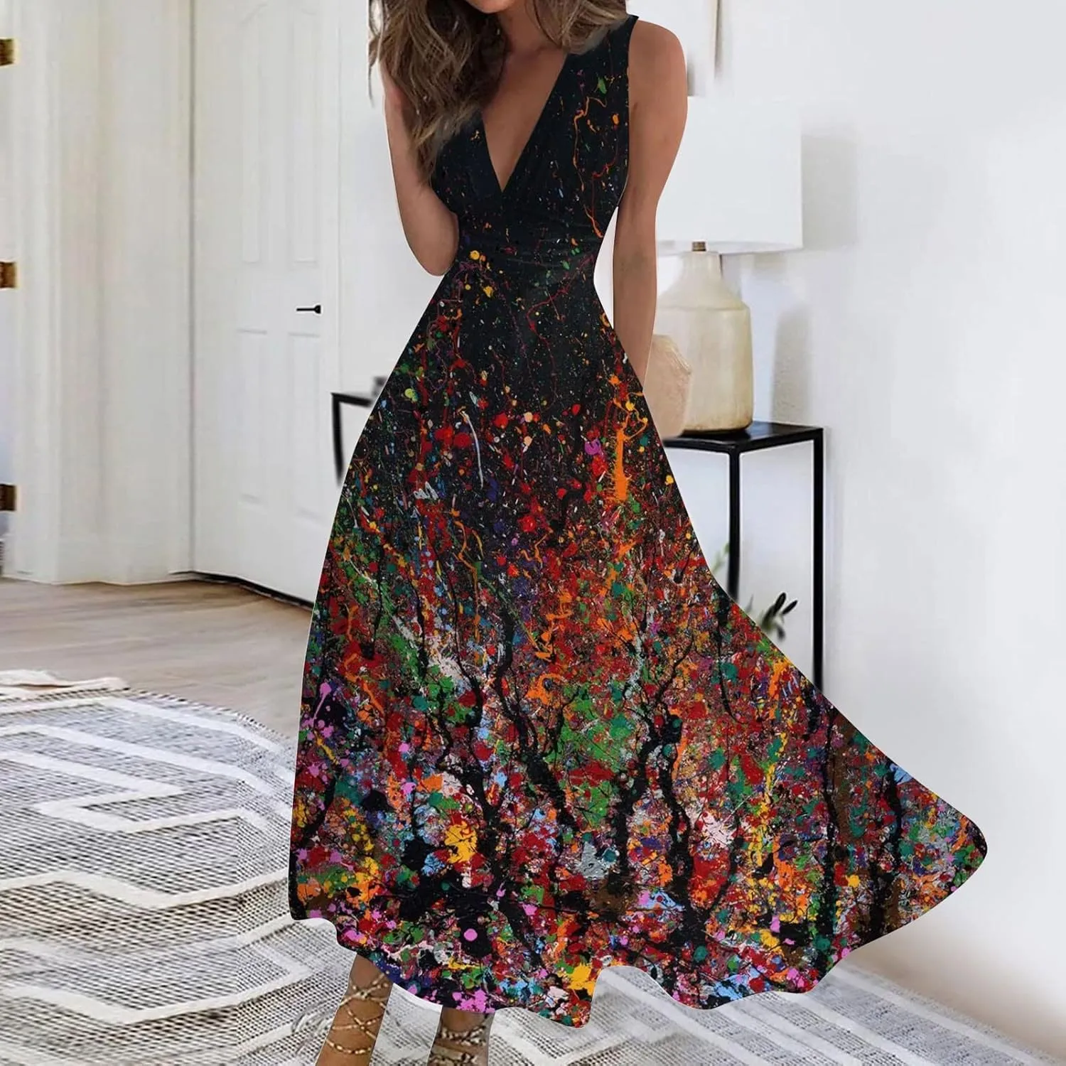 Womens Dresses Wrap V Neck Flowy Ruched Beach Dresses Sleeveless Floral Print Sundresses Elegant Maxi Dress
