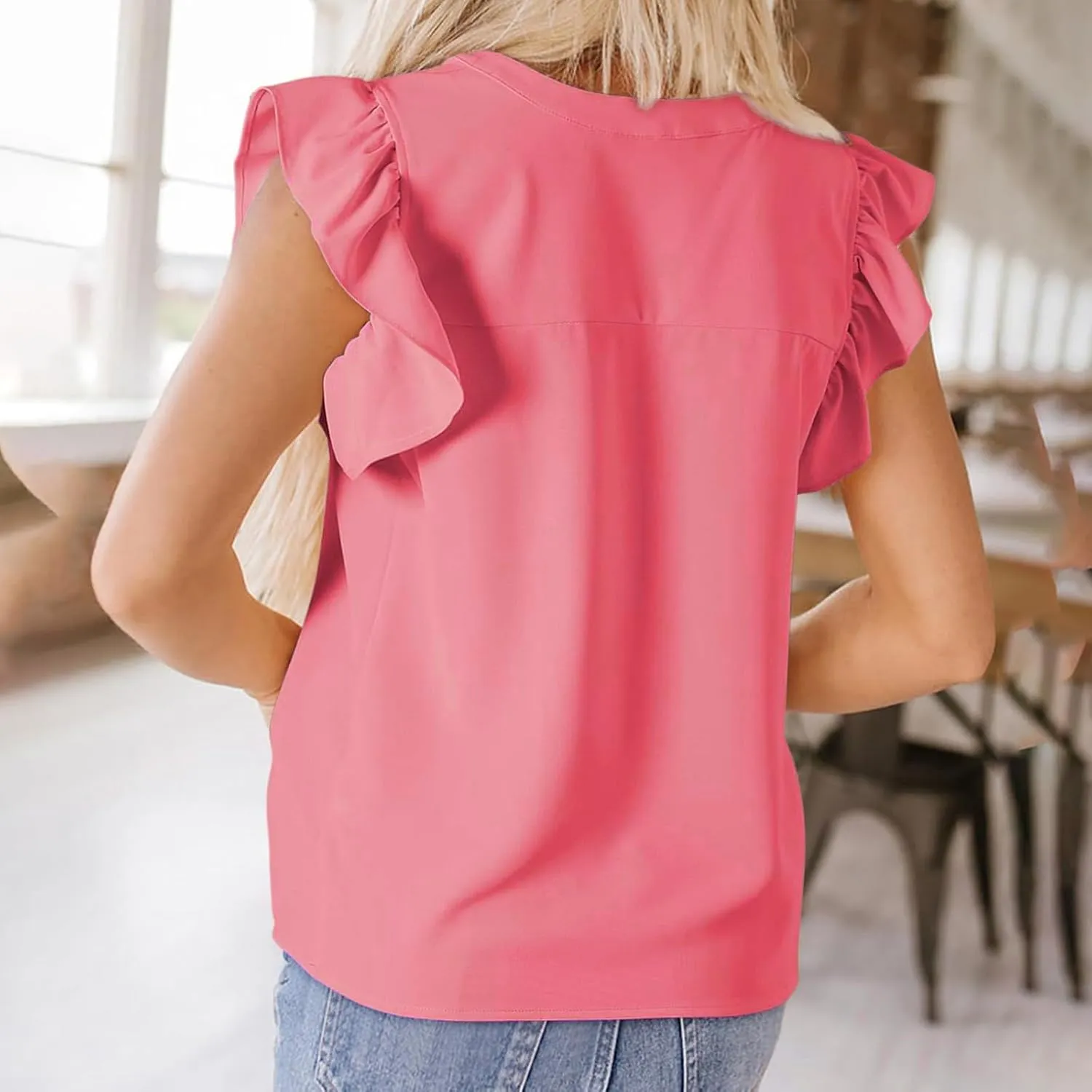Womens Dressy Casual Tops Ruffle Short Sleeve T Shirts V Neck Solid Tunic Summer Cute Elegant Business Work Blouses