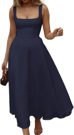 Womens Elegant Party Club Tank Dress Sleeveless Square Neck Smocked Flowy Wedding Guest Dresses