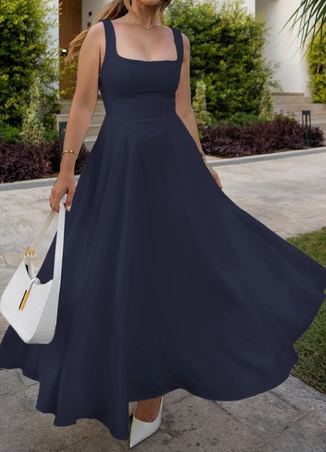Womens Elegant Party Club Tank Dress Sleeveless Square Neck Smocked Flowy Wedding Guest Dresses