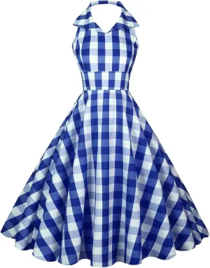 Women's Elegant Retro Rockabilly Vintage Swing Dress 1950s Style Plaid Neck Sleeveless Backless Dress for
