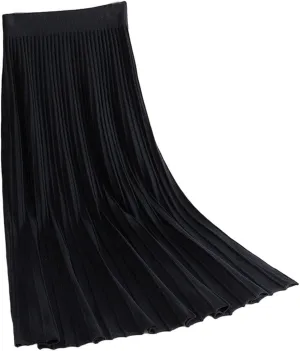 Women's Fashion Soft Knit High Waist Pleated A Line Swing Midi Skirt