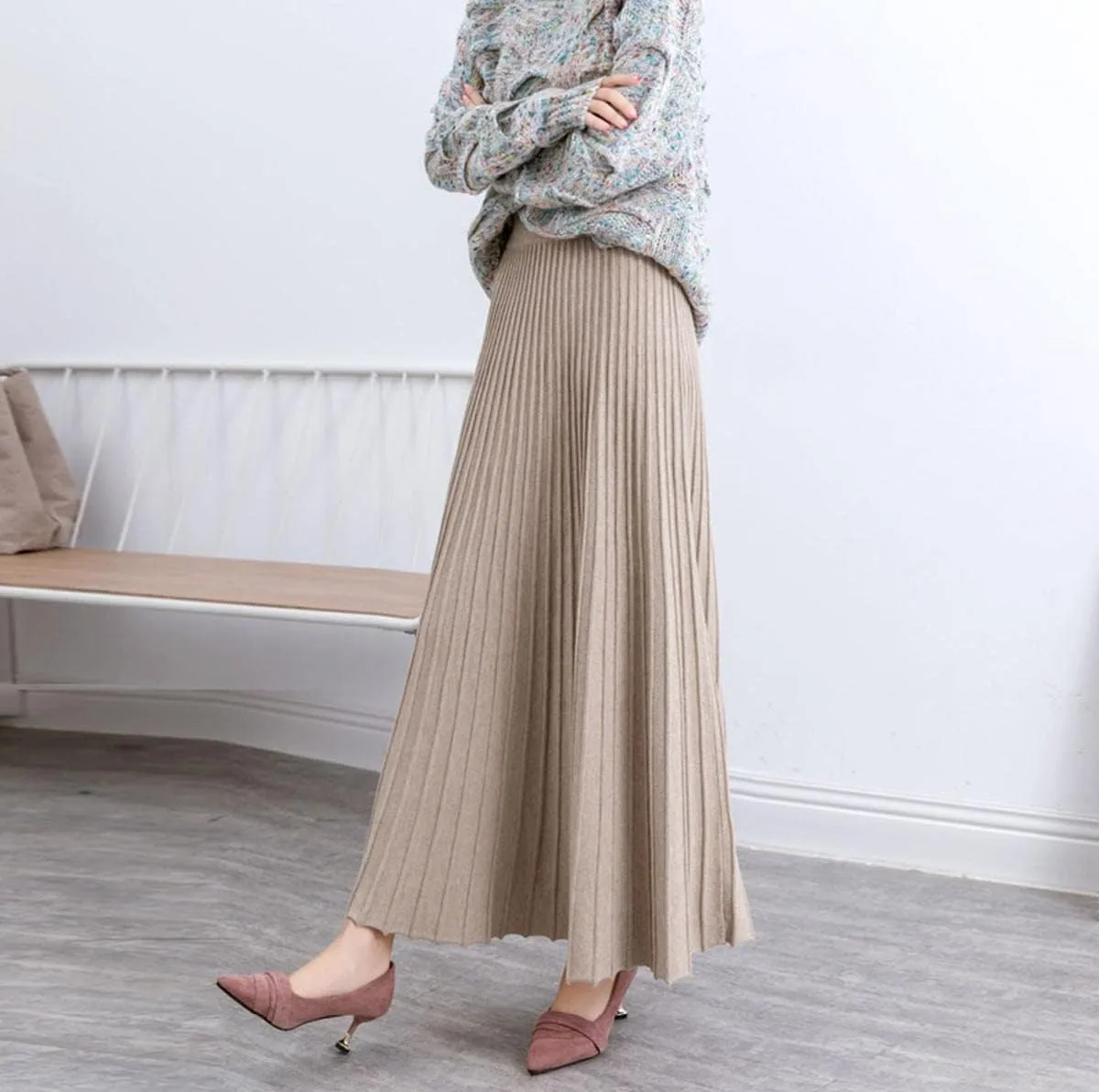 Women's Fashion Soft Knit High Waist Pleated A Line Swing Midi Skirt