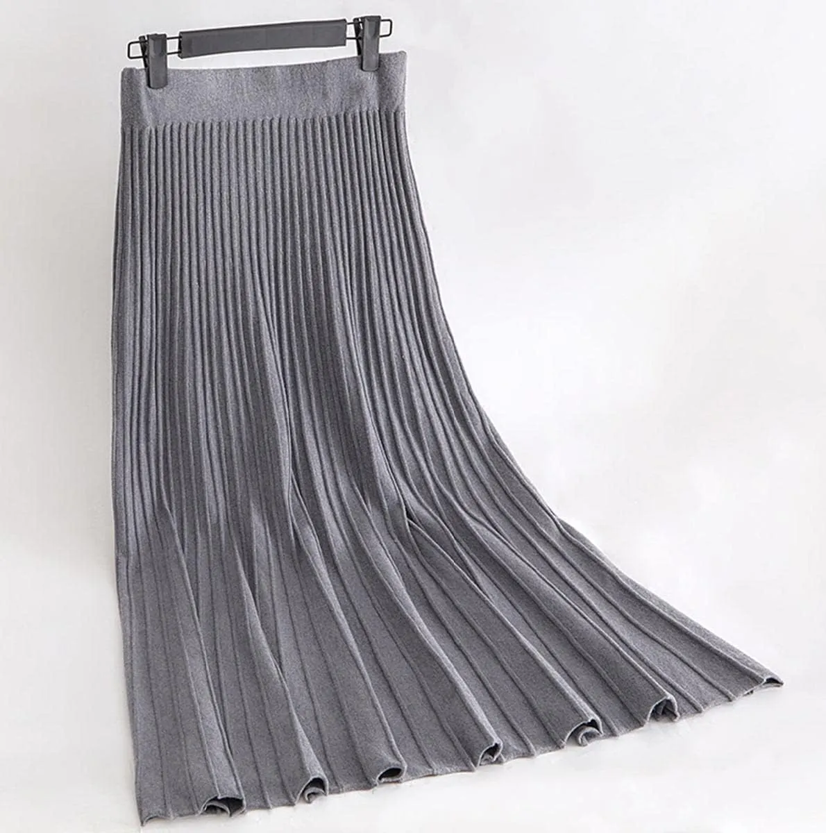 Women's Fashion Soft Knit High Waist Pleated A Line Swing Midi Skirt