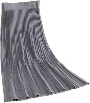 Women's Fashion Soft Knit High Waist Pleated A Line Swing Midi Skirt